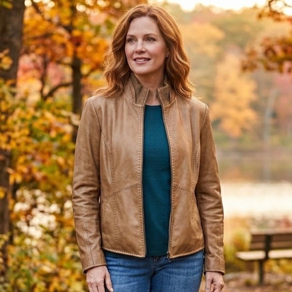 Margaret Godfrey Womens Tan Genuine Leather Full Zip Jacket Mock Neck Size 10